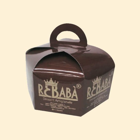 Scatola per dessert REBABA marrone con manico su sfondo beige