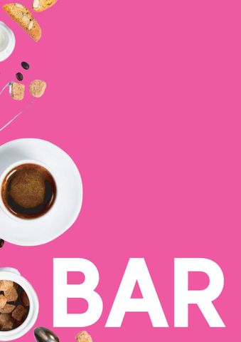 Grafica rosa a tema caffè con tazze, chicchi e la scritta 