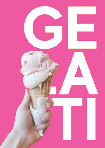 Mano che regge un cono gelato che si scioglie su sfondo arancione con grande scritta bianca GEATI
