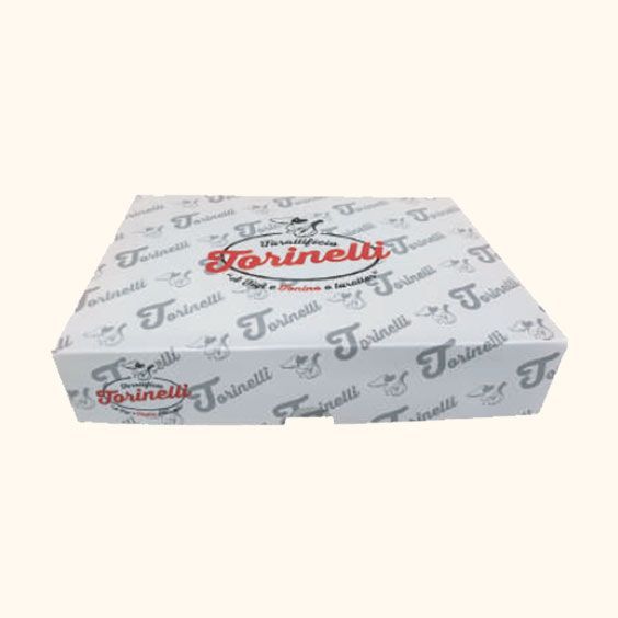 Scatola per pasticcini bianca a marchio Torinelli con logo grigio ripetuto.