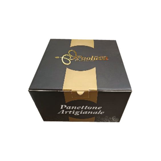 Scatola nera per Panettone Artigianale con logo dorato e decorazione a nastro beige sulla parte superiore e frontale.