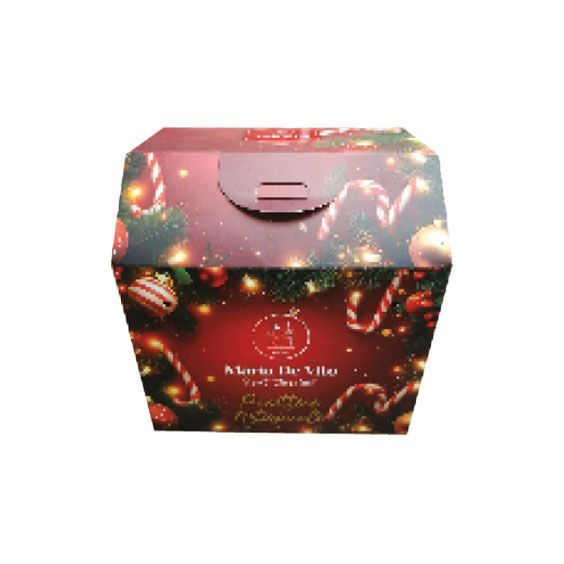 Scatola regalo rossa per le feste con luci e decorazioni natalizie.