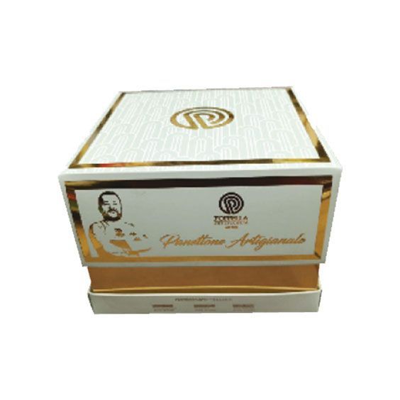 Scatola regalo decorativa bianca e oro con logo sul coperchio e sul pannello frontale.