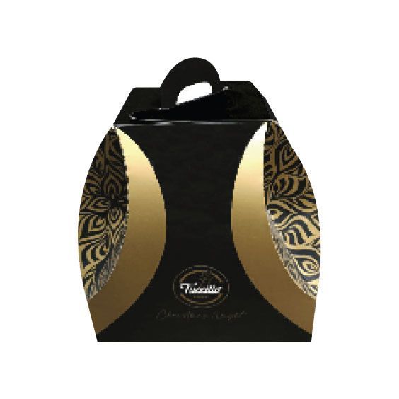 Scatola regalo nera con decorazioni a volute dorate e maniglia sulla parte superiore.
