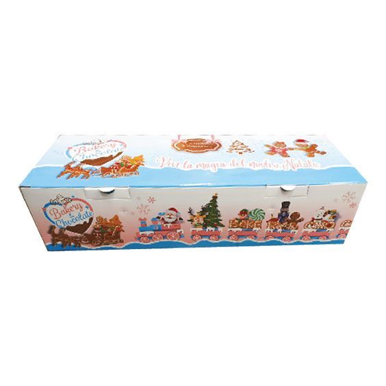 Scatola regalo decorata in blu e bianco con colorate illustrazioni festive sui lati e sulla parte superiore.