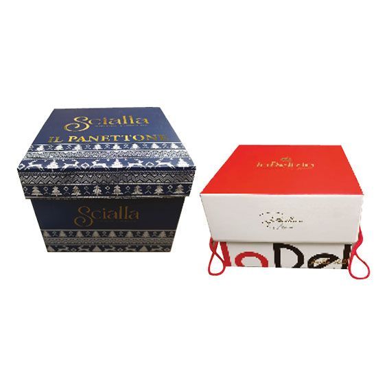 Due scatole regalo decorative, una blu navy e bianca e una rossa e bianca, mostrate una accanto all'altra.