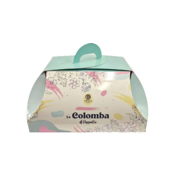 Scatola regalo color pastello con manico color menta e decorazione floreale con la scritta “La Colomba di Pasqua”