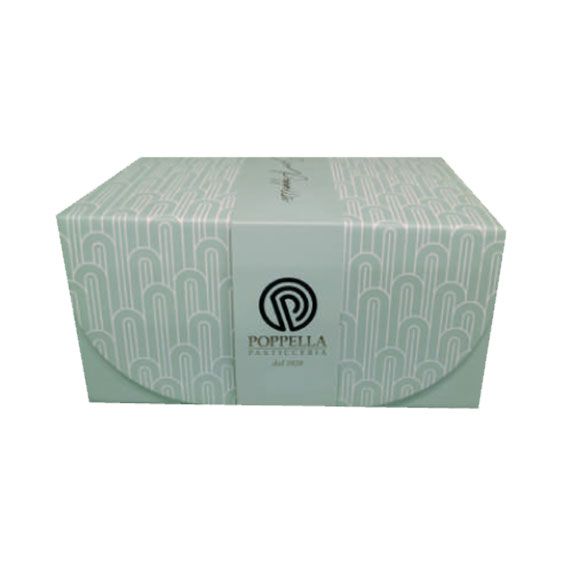 Scatola Poppiella verde menta con lati bianchi decorati ed etichetta centrale con logo.