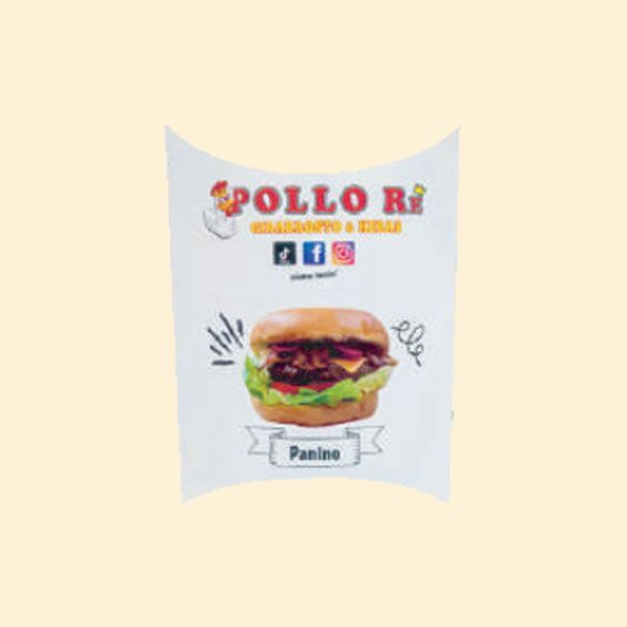 Volantino della paninoteca Pollo Rí con un hamburger e icone dei social media su sfondo chiaro.