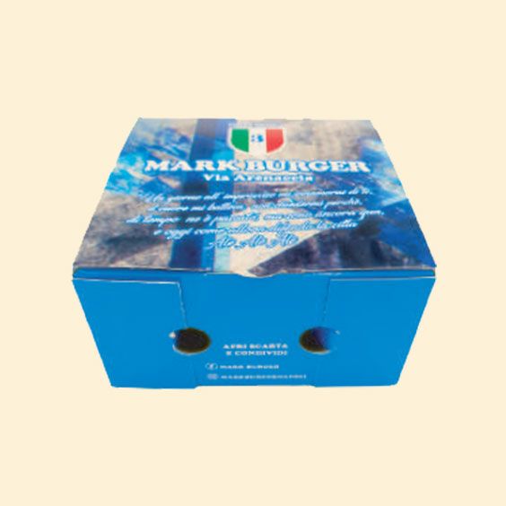 Scatola di cartone blu con testo stampato e piccoli fori per le maniglie sul davanti.