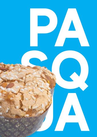 Sfondo blu con grandi lettere bianche dietro un muffin avvolto in un involucro di carta