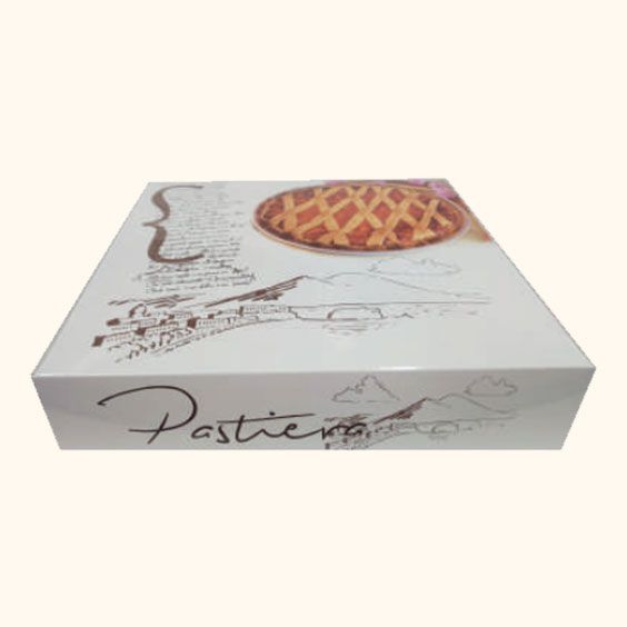 Scatola bianca per pasticcini con l'illustrazione di una torta e la scritta