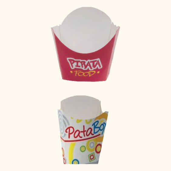 Due coloratissime confezioni di patatine fritte, rosse e bianche sopra, bianche con pois multicolori sotto.