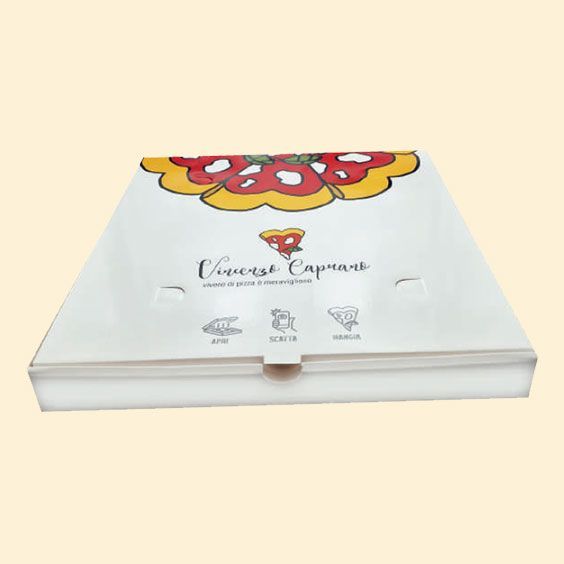Scatola per pasticcini bianca con decorazione floreale colorata e logo stampato sulla parte superiore.