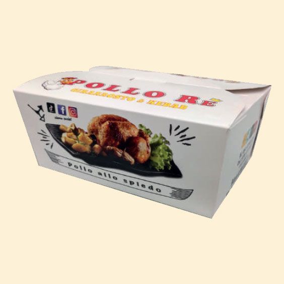 Scatola bianca da asporto con la scritta