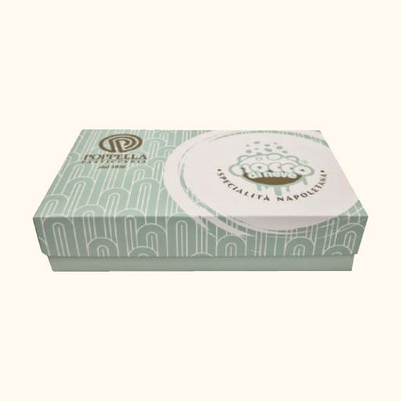 Scatola regalo con motivo verde menta, coperchio circolare bianco con etichetta e logo.