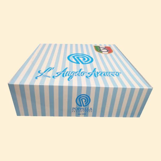 Scatola per pasticcini a righe blu e bianche con il logo La Angelo Arancino sulla parte superiore.