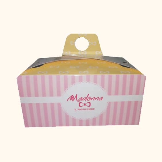 Scatola Madoma a righe rosa con manico giallo e coperchio a pois