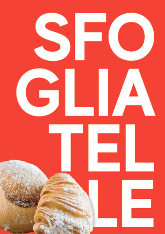 Manifesto arancione con la scritta bianca “SFO GLIA TELLE” e due pasticcini glassati in basso.