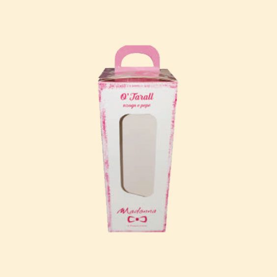 Scatola per prodotto rosa e bianca in stile borsetta con finestra frontale trasparente e manico.