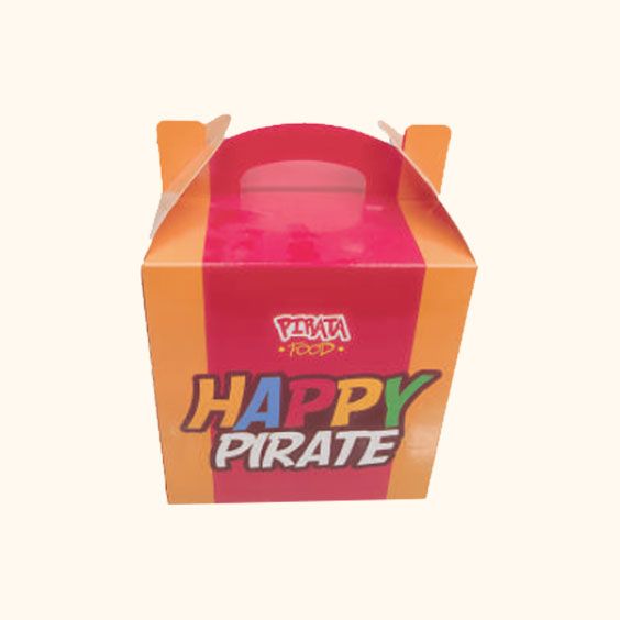 Scatola di caramelle Happy Pirate arancione e rosa con finestra trasparente in plastica sulla parte superiore.