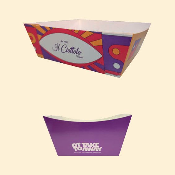Due immagini di una scatola per dessert da asporto viola e rossa con logo ovale bianco e scritta