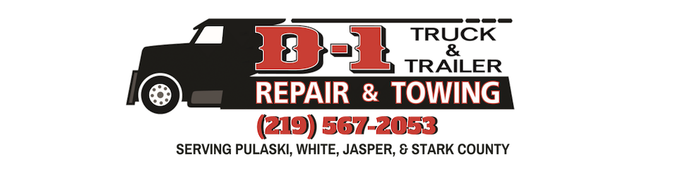 Logo of D-1 Truck & Trailer Repair & Towing with truck graphic and phone number (219) 567-2053.