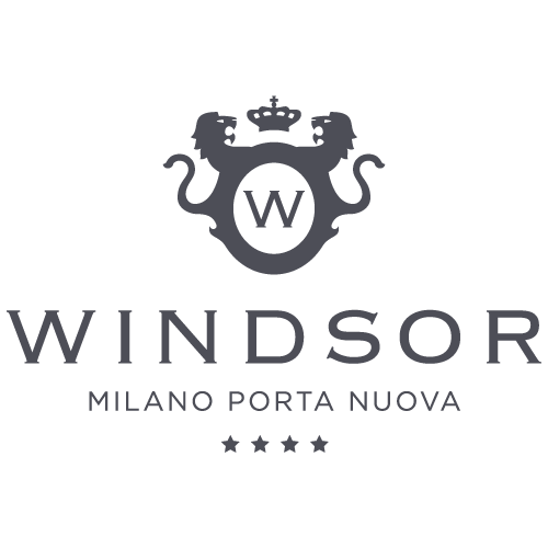 Logo Windsor Milano Porta Nuova con emblema W coronato e quattro stelle su sfondo bianco