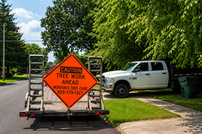 Truck with orange tree-removal caution sign parked near a tree-lined residential street