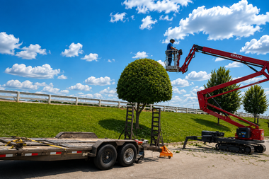 Worker in a cherry picker trimming a round tree beside a trailer under a bright blue sky.