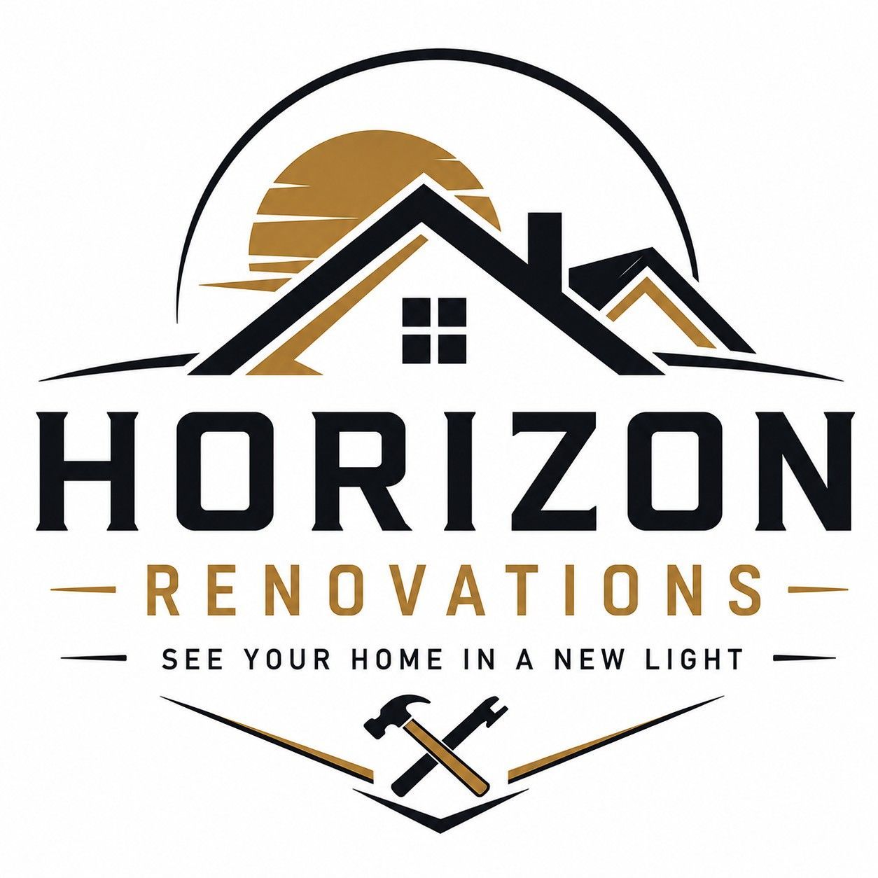 Horizon Renovations logo with house roof, sun, tools, and tagline “See Your Home in a New Light”