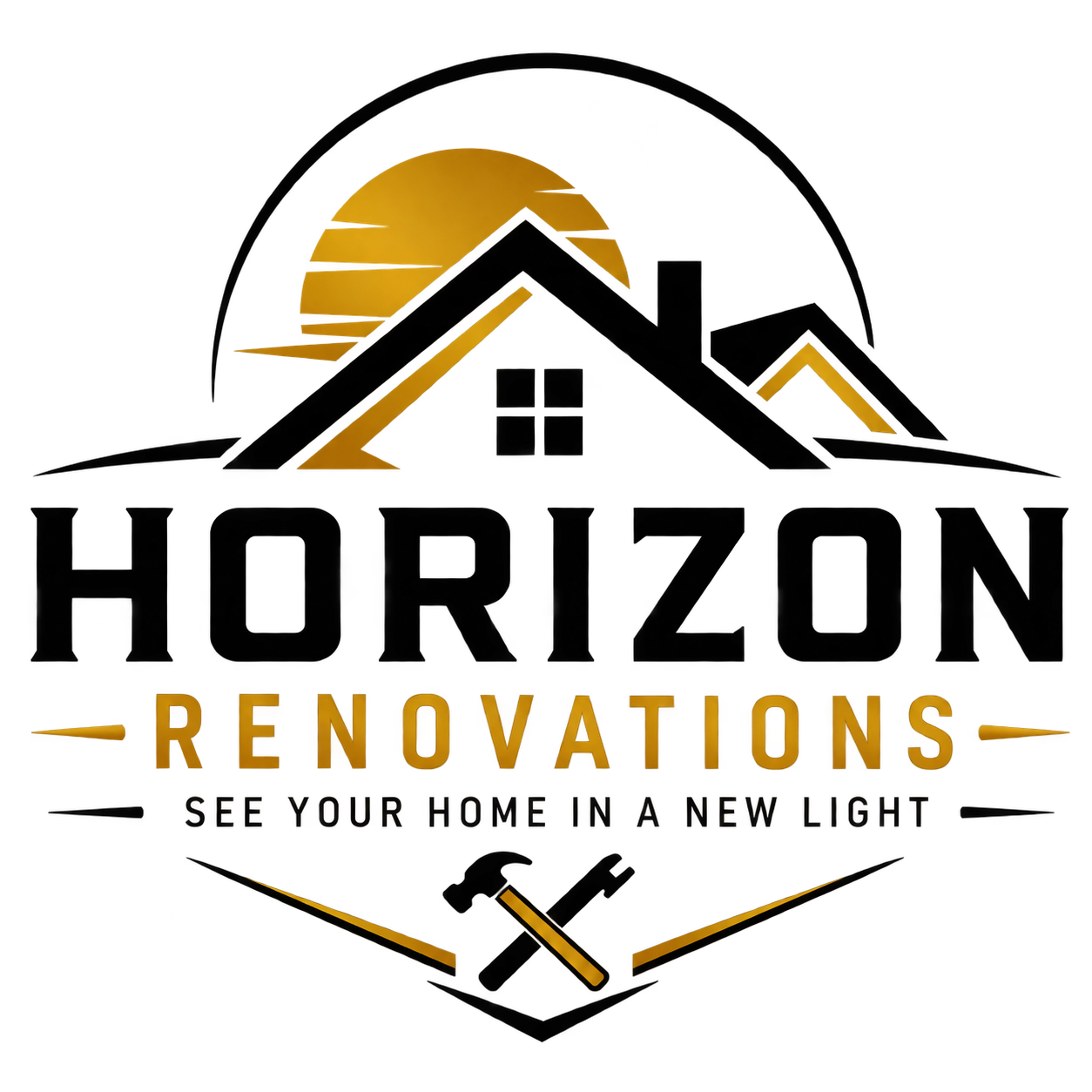 Horizon Renovations logo with house roof, sun, tools, and slogan “See Your Home in a New Light”