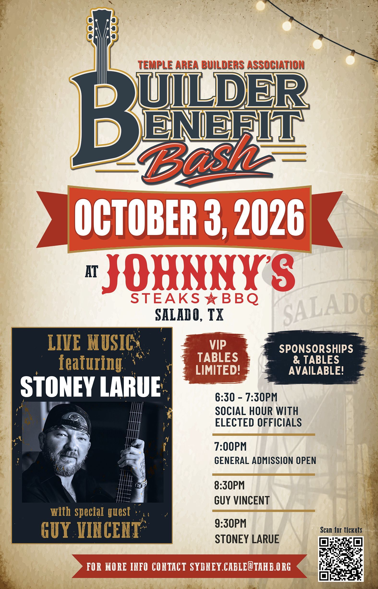 Concert benefit poster with guitar, October 3, 2026, Johnnie’s A&F Bar, featuring Stoney Larue and guest Travis Tritt