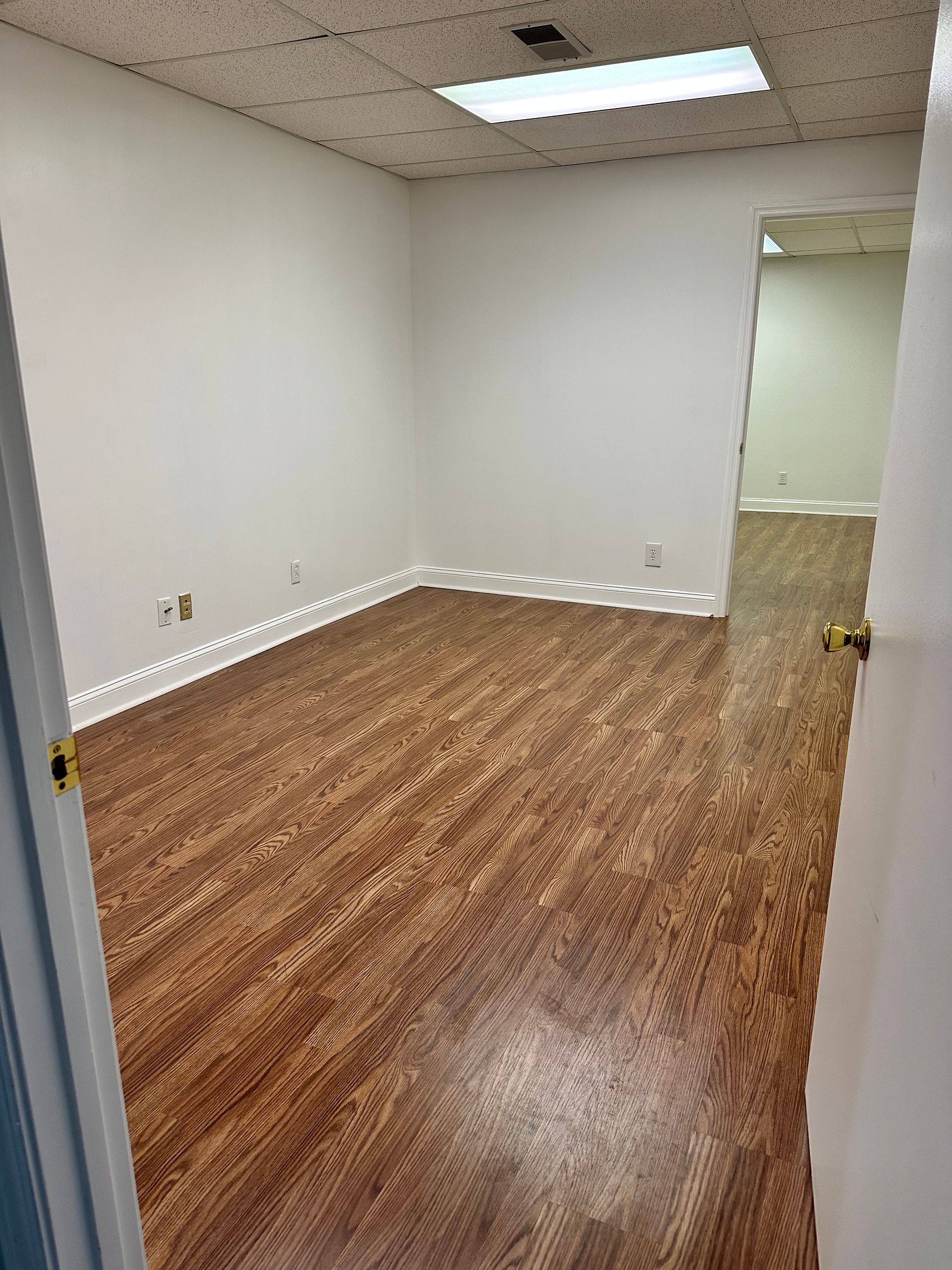Empty office room with white walls, wood-look floor, and fluorescent ceiling lights