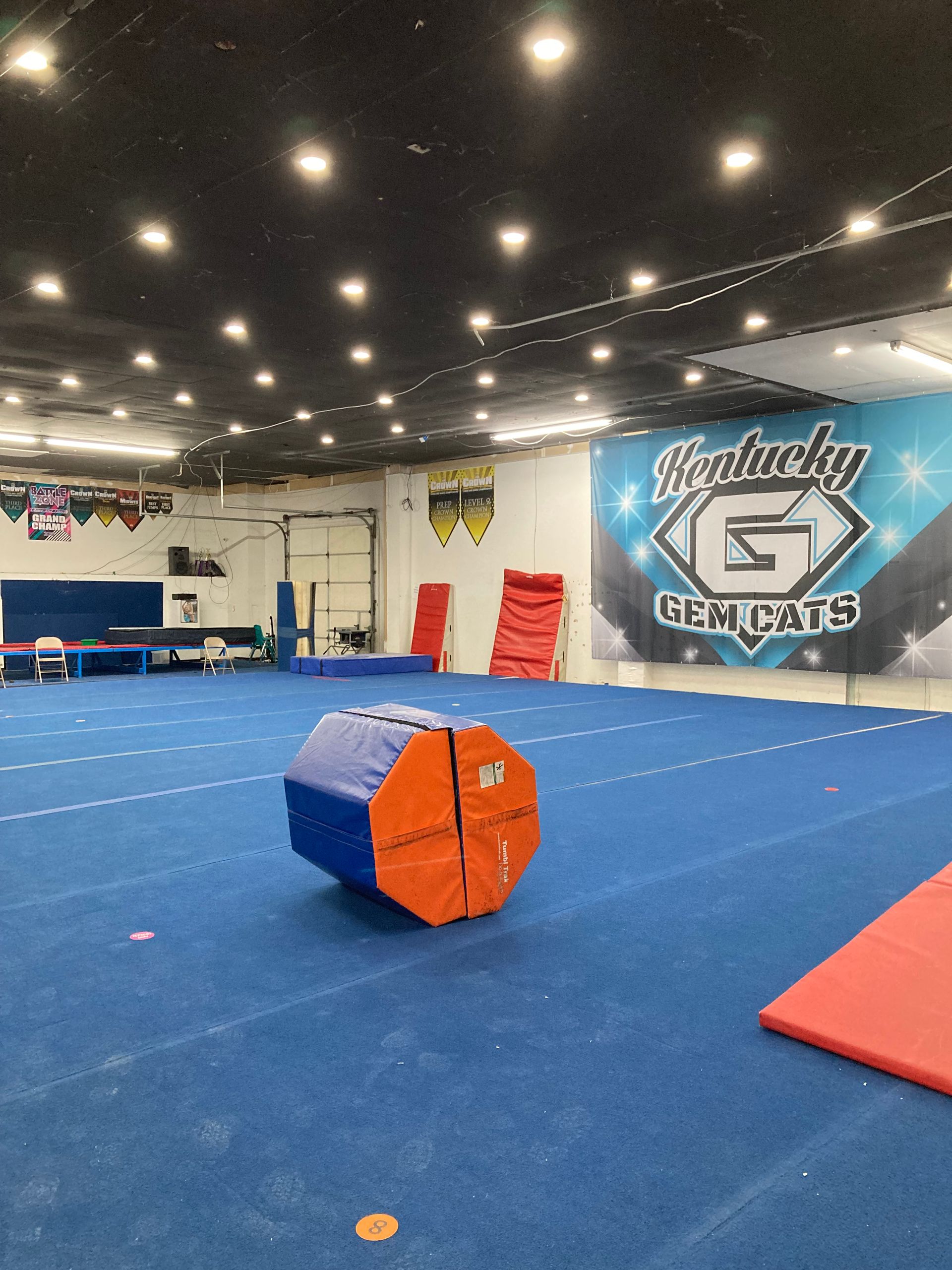 Gymnasium with blue mat floor, orange tumbling barrel, red wedge mat, and a large Georgetown logo on the wall.