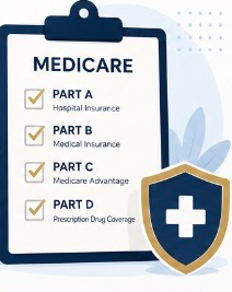 Medicare checklist clipboard with Parts A, B, C, and D and a blue shield icon