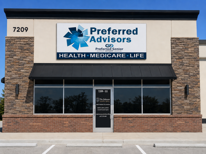 Preferred Advisors office storefront with blue sign and dark awning on a brick building