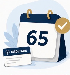 Medicare card and calendar icon with “65” and a checkmark on a blue background