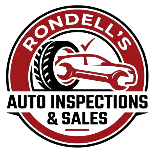Rondell&rsquo;s Auto Inspections & Sales logo with red car, tire, and bold black text on a white circle
