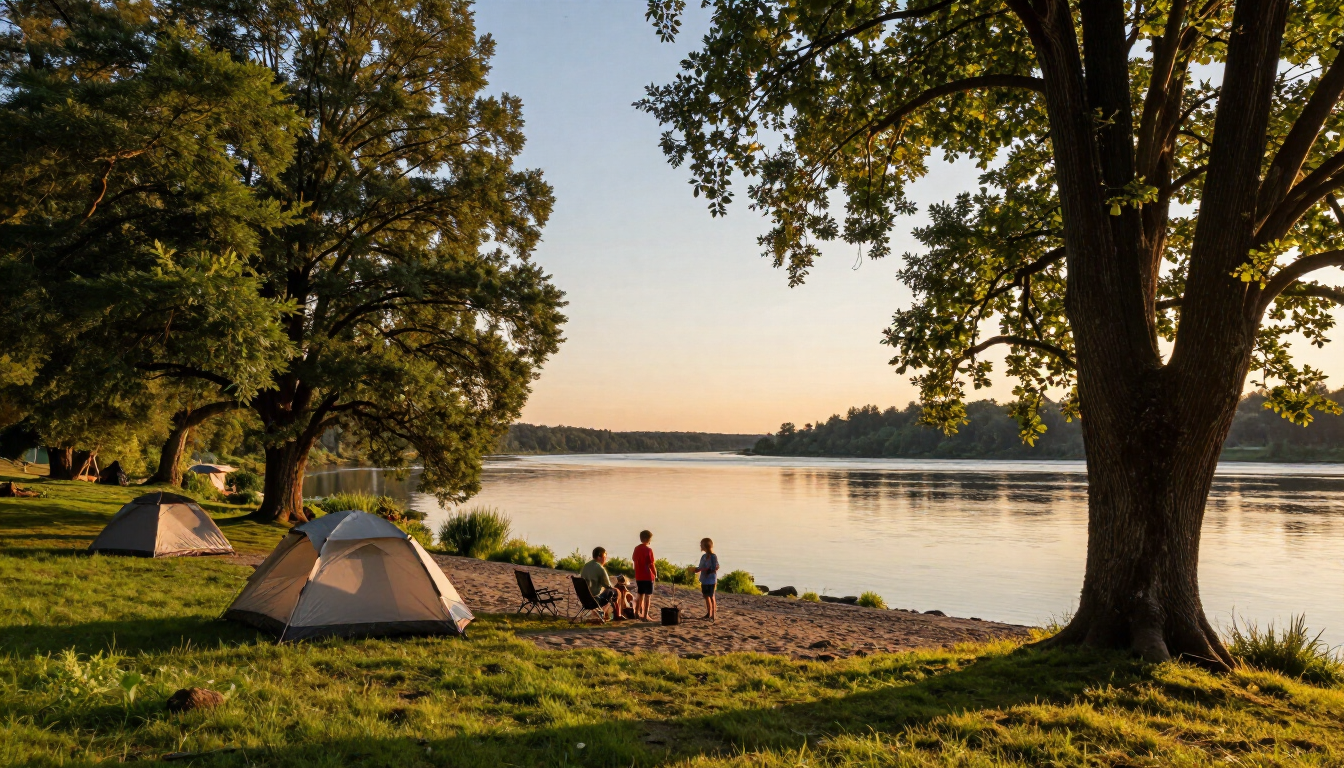 People relaxing by a lakeside campsite at sunset, with tents, trees, and calm water.