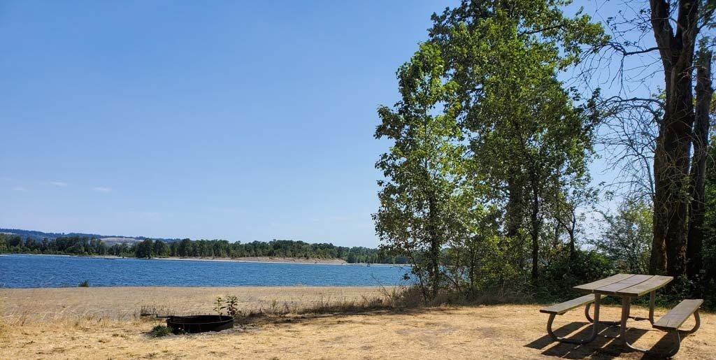 A picnic table is sitting on a sandy beach next to a lake.