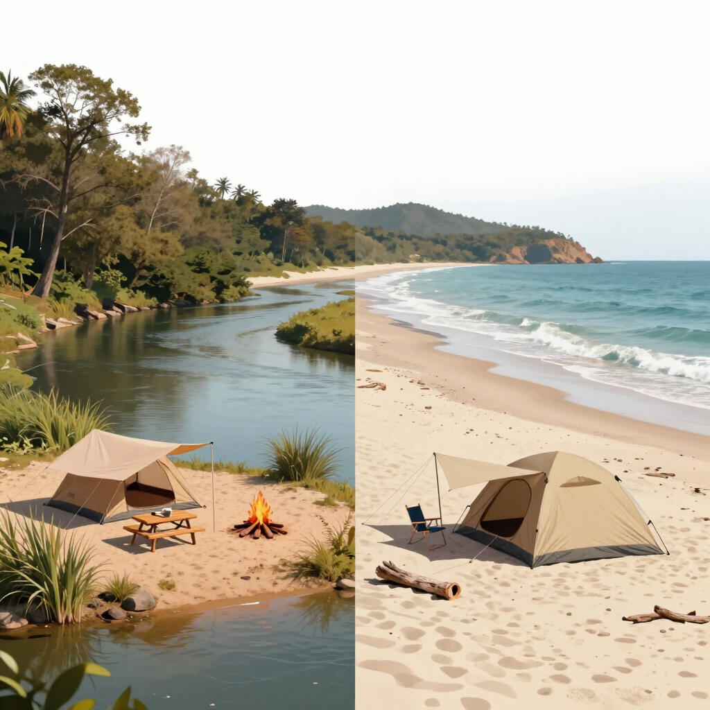 Beach campsite with two beige tents and a campfire beside a calm river meeting the ocean