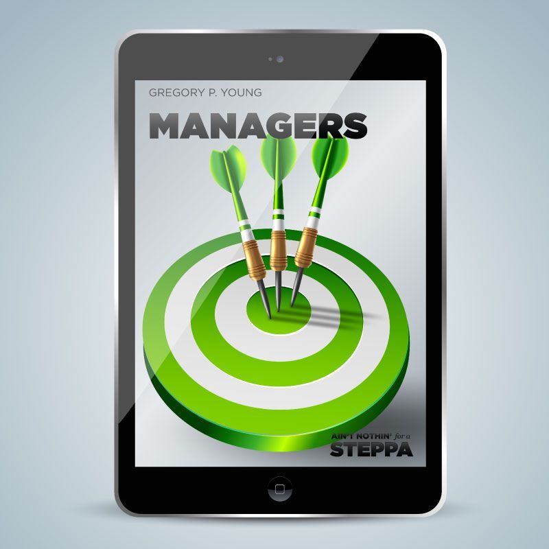 A tablet displays a book called managers