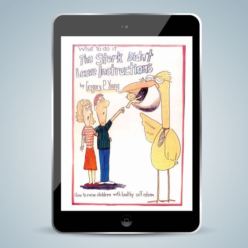 Tablet displaying a book cover illustration with cartoon people and a large giraffe on a white background