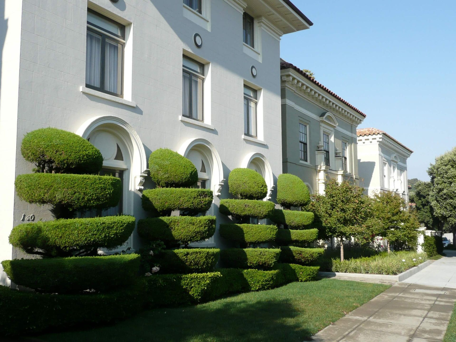 Landscaping, uniform cut trees in front of a white property with manicured grass