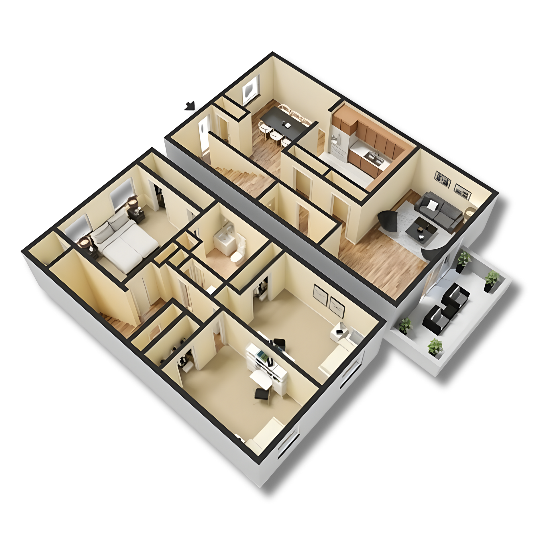 Floor plan of a two-story apartment: kitchen, dining area, living room, laundry, and stairs.