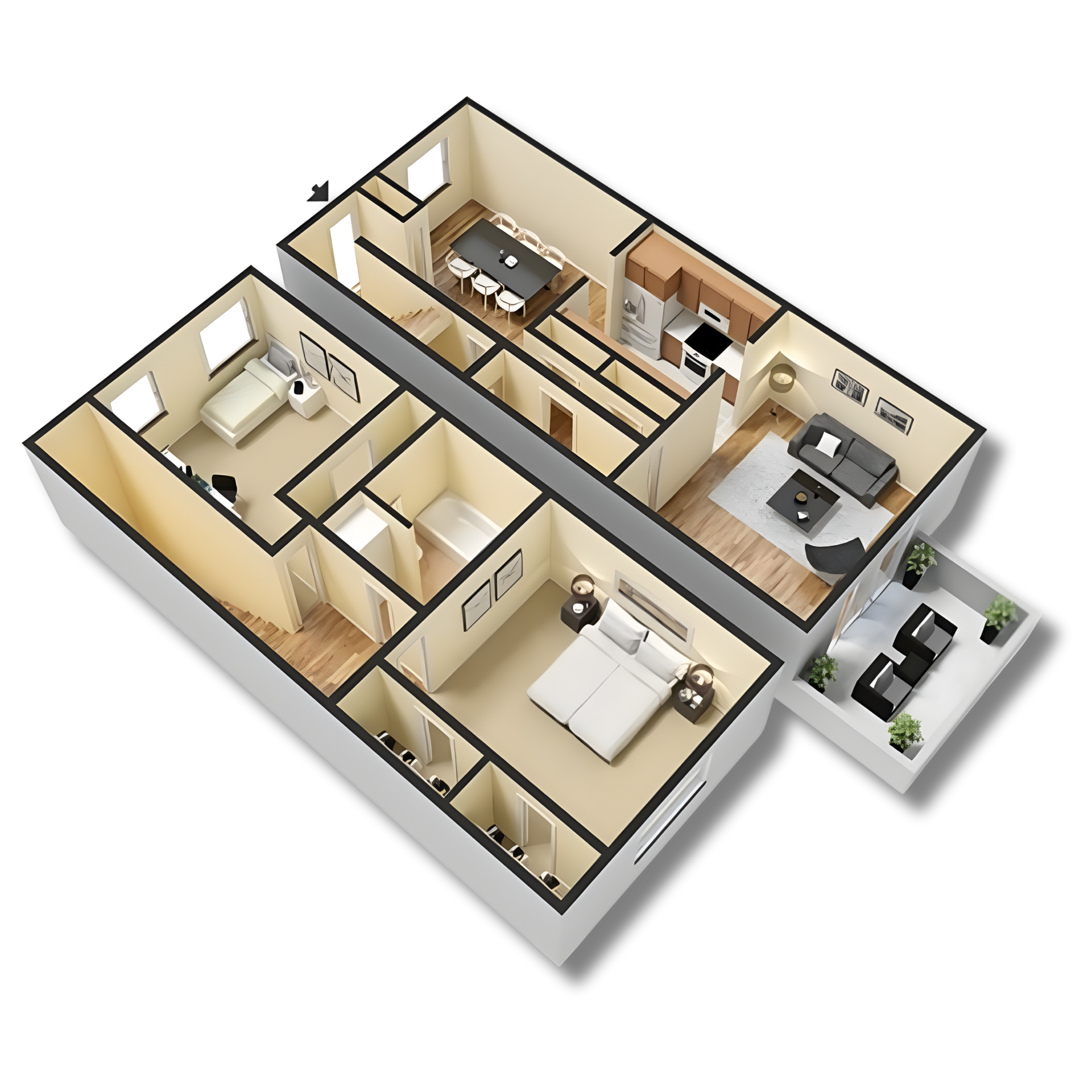Floor plan with a living room, kitchen, dining area, bathroom, and bedroom.