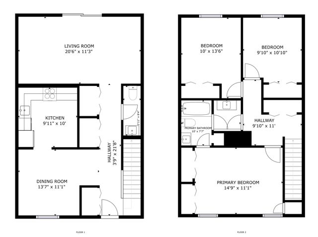 Floor plan of a two-story house. Kitchen, dining, living room, laundry, and stairs. Brown, beige and white color scheme.