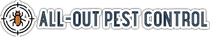 ALL-OUT PEST CONTROL logo with a bug icon and bold black text on a white background