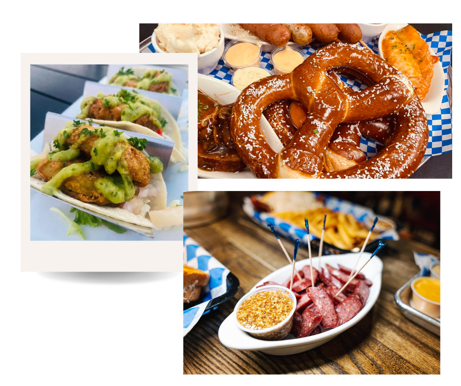 Das Bierhalle food pics of smoked sausage, tacos and traditional German dish